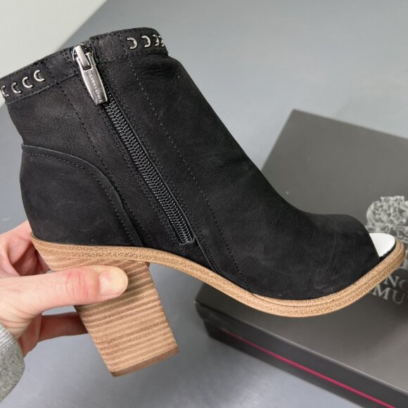 Vince Camuto KEMELLY Ankle Boots Black Tumbled Nubuck Suede Heels Peep Toe NEW - Picture 3 of 10